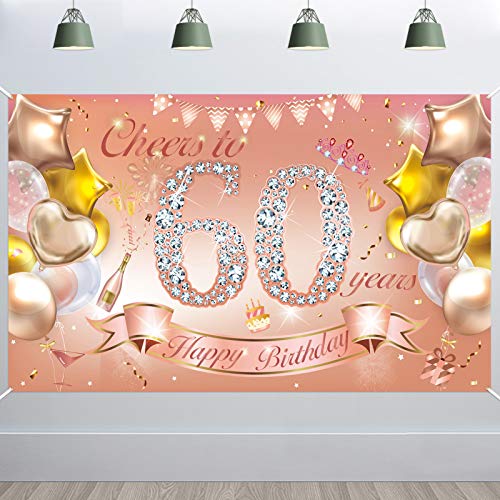 HOWAF 60. Geburtstag Banner für Frau 60. Geburtstag Dekoration Rose Gold, Stoff Plakat für 60. Geburtstag Hintergrund Deko Photo Booth für 60. Geburtstag Garten Tisch Mauer Deko von HOWAF