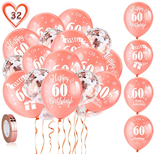 HOWAF 60. Geburtstag Luftballons, 30 Stück Rose Gold 60. Geburtstags Deko Ballons Latex Konfetti Luftballons & 2 Bänder für Frauen 60. Geburtstag Party Dekorationen - 12 Zoll (Alter 60) von HOWAF