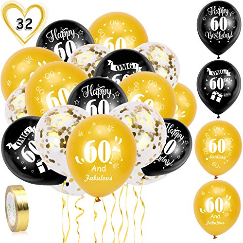 HOWAF 60. Geburtstag Luftballons, 30 Stück Schwarz Gold 60. Geburtstags Deko Ballons Latex Konfetti Luftballons & 2 Bänder für Männer Frauen 60. Geburtstag Party Dekorationen - 12 Zoll (Alter 60) von HOWAF