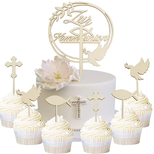 HOWAF 7 Tortendeko Kommunion zur Kommunion Cake Topper Kommunion Holz Fische Kreuz Cupcake Topper Kommunion Tortendeko Konfirmation Konfirmation Taufe Erstkommunion Kuchendeko Tischdeko Kommunion Deko von HOWAF