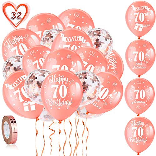 HOWAF 70. Geburtstag Luftballons, 30 Stück Rose Gold 70. Geburtstags Deko Ballons Latex Konfetti Luftballons & 2 Bänder für Frauen 70. Geburtstag Party Dekorationen - 12 Zoll (Alter 70) von HOWAF
