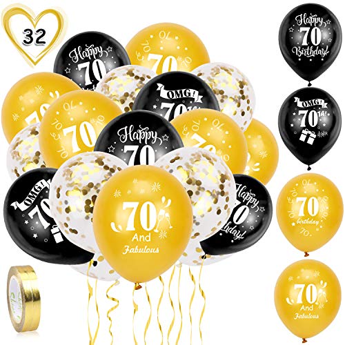 HOWAF 70. Geburtstag Luftballons, 30 Stück Schwarz Gold 70. Geburtstags Deko Ballons Latex Konfetti Luftballons & 2 Bänder für Männer Frauen 70. Geburtstag Party Dekorationen - 12 Zoll (Alter 70) von HOWAF