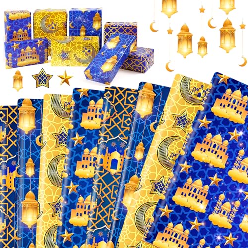 HOWAF 8 Eid Mubarak Geschenkpapier Ramadan Geschenkpapier, Eid Geschenkpapier Mond Stern Ramadan Mubarak Geschenk Papier Eid Mubarak Geschenke Verpackung Ramadan Eid Mubarak Dekoration, Blau von HOWAF