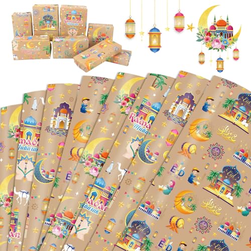 HOWAF 8 Eid Mubarak Geschenkpapier Ramadan Geschenkpapier, Eid Geschenkpapier Mond Stern Ramadan Mubarak Geschenk Papier Eid Mubarak Geschenke Verpackung Ramadan Eid Mubarak Dekoration, Kraftpapier von HOWAF