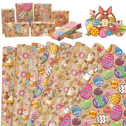 HOWAF 8 Ostern Geschenkpapier Ostern Kinder, Ostergeschenkpapier Oster Geschenkpapier Osterhase Osterhasen Geschenkpapier Ostereier Osterküken für Ostern Geschenke Verpackung osterdeko, Kraftpapier von HOWAF