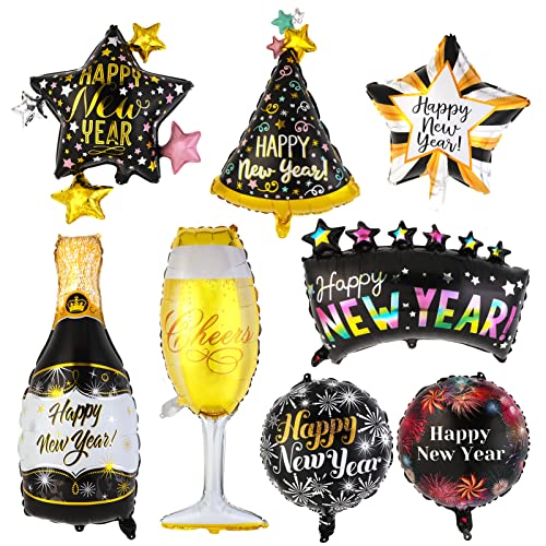 HOWAF 8 Stück Silvester Deko 2023 Luftballons Neujahr Deko 2023, Silvester Luftballons Folienballon Neujahr Ballons Happy New Year Helium Ballons Schwarz Gold für Silvesterparty Silvesterdekoration von HOWAF