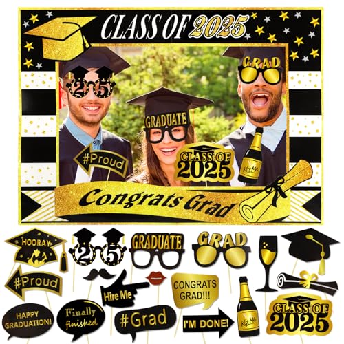HOWAF Abschlussfeiern Photo Booth Fotorahmen und 18 Stück Graduation Foto Requisiten Fotobox Accessoires Doktorhut Brillen Lippen Krawatte Masken für ABI 2025 Abschluss Deko Graduation Deko von HOWAF