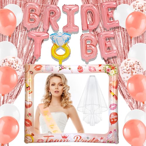 HOWAF Bride to Be Deko, JGA Deko, Bride to Be Ballon JGA Luftballons Lametta Vorhang Jga Accessoires Frauen Schärpe Schleier Jga Aufblasbarer Fotorahmen für Junggesellenabschied Frauen JGA Deko von HOWAF