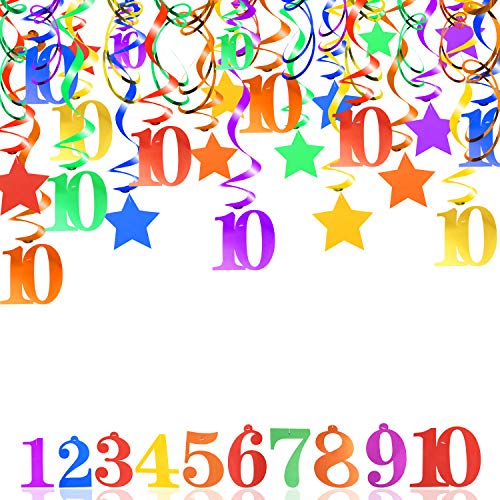 HOWAF Bunt 10 Jahre Geburtstag Deko für Mädchen Junge 10. Geburtstag Dekoration, 30 Stück Deckenhänger Wirbel Spiral Girlande 10 Geburtstag Hängedeko mit Motiv Star Nummer 10 für 10. Kindergeburtstag von HOWAF