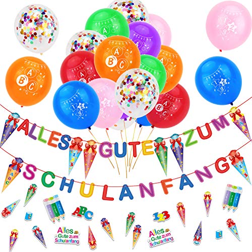 HOWAF Deko Schulanfang Junge Mädchen Einschulung Deko Set, Zuckertüten und Alles Gute zum Schulanfang Girlande Schuleinführung Deko Bunt Einschulung Luftballons ABC 123 Schultüte Konfetti von HOWAF