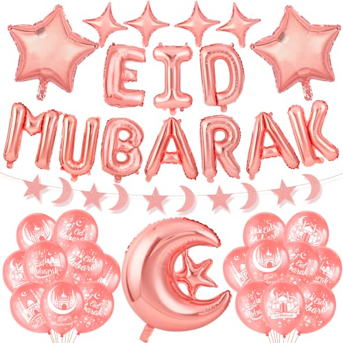 HOWAF Eid Mubarak Dekoration, Eid Mubarak Ballon Eid Mubarak Luftballon Eid Mubarak Banner Eid Mubarak Girlande Mond Sterne Folienballon Ramadan Ballon für Ramadan Mubarak Eid Dekoration, Rose Gold von HOWAF