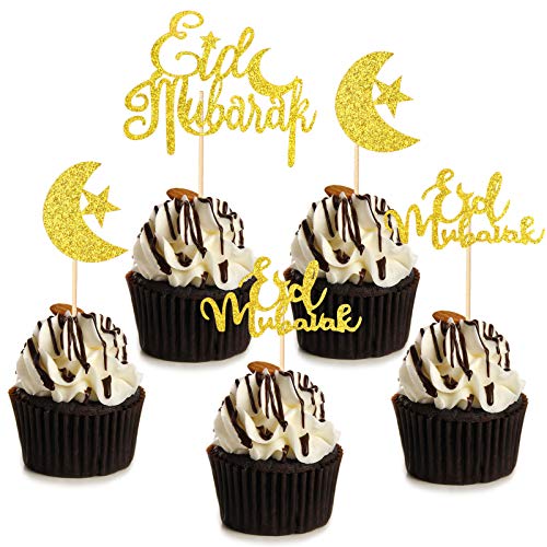 HOWAF Eid Mubarak Kuchendeko, 21 Stück Eid Mubarak Tortendeko Glitzer stern Mond Cake Topper Cupcake Tortenstecker Kuchendeckel Muffin deko für Eid Muslim islamische Party Ramadan Deko von HOWAF