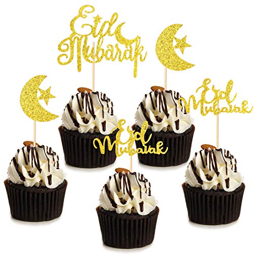 HOWAF Eid Mubarak Kuchendeko, 21 Stück Eid Mubarak Tortendeko Glitzer Stern Mond Cake Topper Cupcake Tortenstecker Kuchendeckel Muffin deko für Eid Muslim islamische Party Ramadan Deko von HOWAF
