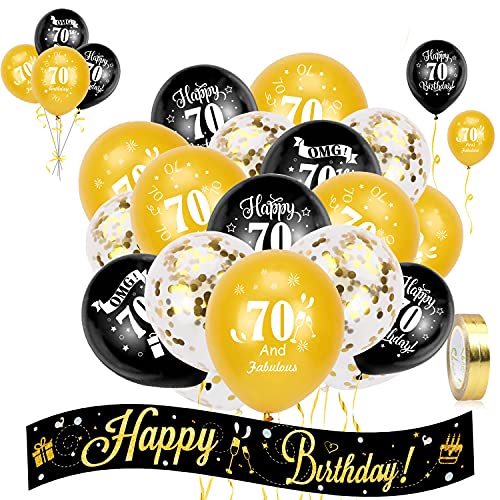 HOWAF Geburtstag Dekoration Set, 70 Geburtstag Deko, Schwarz und Gold 70 Geburtstagsdeko Banner und 70 Geburtstag Luftballons Latex Konfetti Ballons für Männer Frauen Geburtstag Dekorationen von HOWAF
