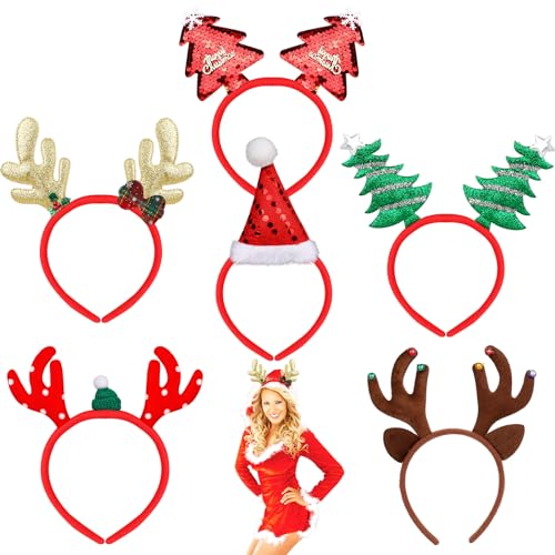 HOWAF Haarreif Weihnachten, 6 stücke Weihnachts Haarreif Erwachsene Weihnachts Haarschmuck Weihnachten Weihnachtskopfschmuck Tannenbaum weihnachtsmützen Rentier Haarreif für Damen Kinder von HOWAF