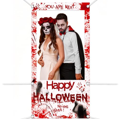 HOWAF Happy Halloween Deko Outdoor, Groß Halloween Foto Requisiten Halloween Banner Fotorahmen Photo Frame Halloween Blut Horror Photo Booth Stoff Foto Hintergrund für Halloween Party Deko, 180 x 90cm von HOWAF
