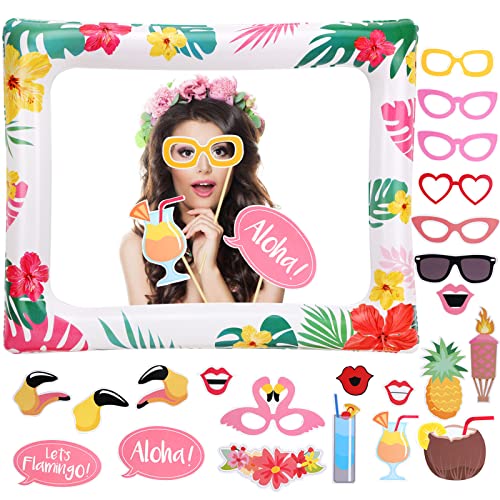 HOWAF Hawaii Fotorequisiten Rahmen für Tropische Sommer Party Accessoires Deko, 1pcs Hawaii Aufblasbarer Fotorahmen mit 21pcs Hawaii Party DIY Photo Booth Requisiten, Aloha Luau Party Fotoaccessoires von HOWAF