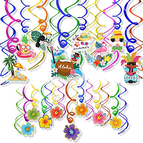HOWAF Hawaii Hängedekoration, 30 Stück Papagei Flamingo Hawaiian Hibiskus Hängedeko Deckenhänger Spiral Girlande für Hawaii Party deko Geburtstags Tropischen Sommer Tiki Party Dekoration von HOWAF