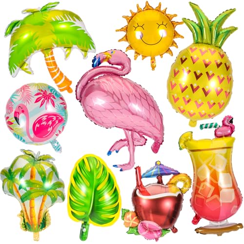 HOWAF Hawaii Deko Ballons, 9 Stück Sommer Folienballon Pool Party Zubehör Flamingo Ananas Luftballons für Hawaiian Tropic Aloha Tiki Beach Deko Geburtstag Accessoires von HOWAF