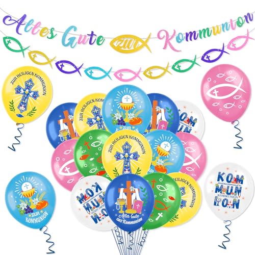 HOWAF Kommunion Deko Junge Mädchen, Kommunion Luftballon Kommunion Ballon Fisch Luftballon, Alles Gute zur Kommunion Girlande Kommunion Banner, Fische Deko Kommunion Dekoration, Erstkommunion Deko von HOWAF