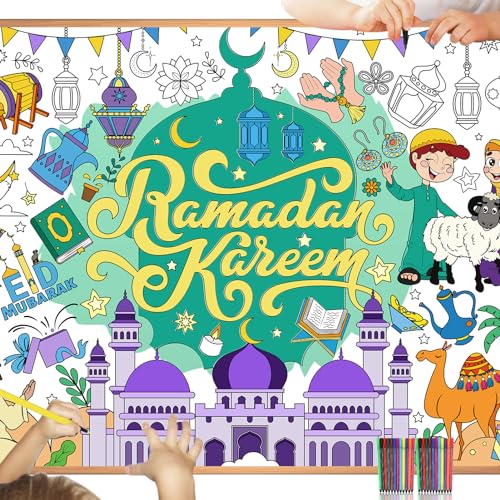 HOWAF Papier-Tischdecke zum Ausmalen Ramadan Mubarak Dekoration, Ausmal-Tischdecke Ramadan Kareem Ausmaltischdecke Kinder Ramadan Tischdecke Papier Eid Mubarak Basteln Kinder für Ramadan Deko von HOWAF