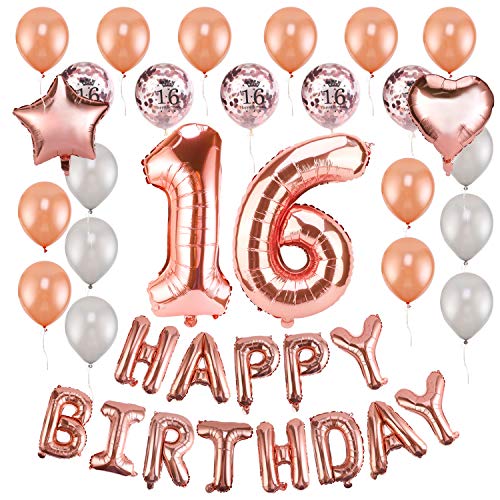 HOWAF Rose Gold Geburtstagsdeko 16 Jahre Mädchen Sweet 16 Deko Mädchen Happy Birthday Folienballon 16, Konfetti Luftballons Geburtstag Party Dekoration Set für deko 16 Geburtstag Mädchen von HOWAF