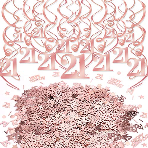 HOWAF Rose Gold 21. Geburtstagdeko für Mädchen Frauen Erwachsene, 21. Geburtstag Hängedeko Roségold Deckenhänger Spiral Girlanden und 21. Geburtstag Konfetti Tisch Deko für 21 Geburtstag Dekoration von HOWAF
