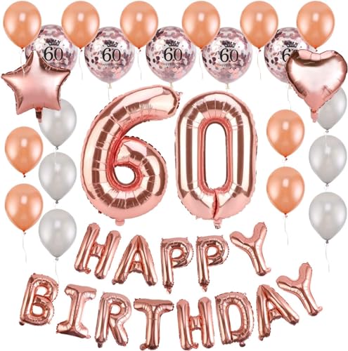 HOWAF Rose Gold 60. Geburtstag deko für Frau und Männ, 59 Stück Happy Birthday Girlande Banner Luftballons Set Helium Folie Herz Ballon für 60 Geburtstag Dekoration von HOWAF