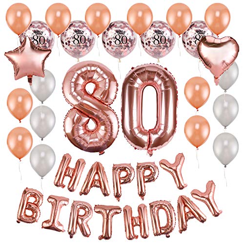 HOWAF Rose Gold 80. Geburtstag deko für Frauen und männer, 59 Stück Happy Birthday Girlande Banner Luftballons Set Helium Folie Herz Ballon für 80 Geburtstag Dekoration von HOWAF