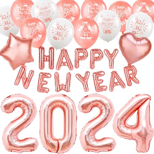 HOWAF Rose Gold Silvester Deko 2024 XXL Dekoration Party Set, Neujahr Silvesterdeko, Happy New Year Ballons Girlande, 2024 Folienballons, Neujahr deko 2024 Silvester Luftballons Latex Ballons von HOWAF