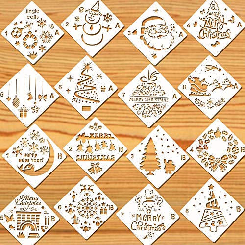 HOWAF Schablone Weihnachten, 16 Stück Weihnachtsschablonen Wiederverwendbare Kunststoff Zeichenschablonen Malschablonen Kinder für Sprühschnee Fenster, Scrapbooking, DIY Weihnachtskarten von HOWAF