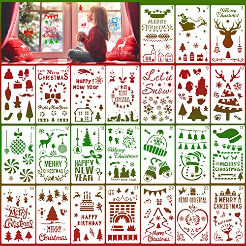 HOWAF Schablone Weihnachten, 24 Stück Groß Weihnachtsschablonen Wiederverwendbare Kunststoff Zeichenschablonen Malschablonen Kinder für Sprühschnee Fenster, Scrapbooking, DIY Weihnachtskarten von HOWAF