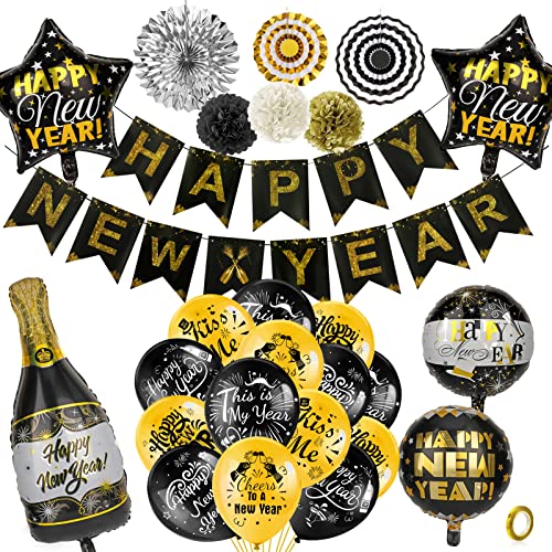 HOWAF Silvester Deko 2024, Happy New Year Deko 2024, Happy New Year Girlande, Pompoms, Silvester Luftballons für Neujahrsdeko, Deko Silvester Party 2024 Schwarz Gold von HOWAF
