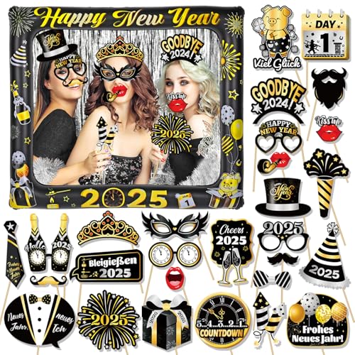 HOWAF Silvester Deko 2025, Deutsch Silvester Foto Requisiten XXL Happy New Year 2025 Silvester Party Aufblasbarer Fotorahmen Bilderrahmen Schwarzes Gold Fotobox Accessoires Silvester Party Zubehör von HOWAF