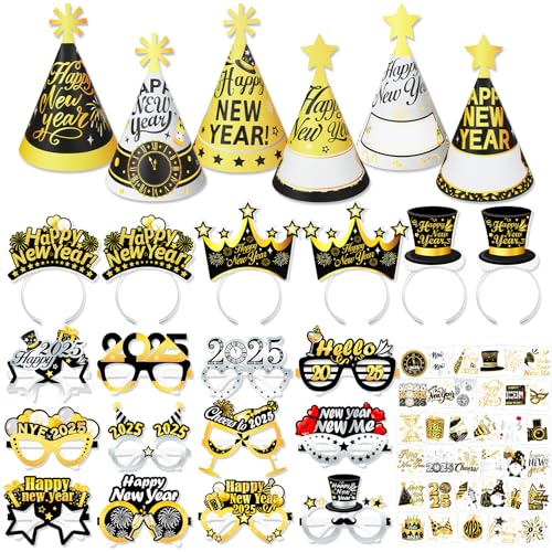 HOWAF Silvester Deko 2025, Silvester Partyhüte Silvester Hüte 2025, Silvester Haarreif, Silvester Brille 2025 Temporäre Tattoos für Neujahr Silvester Accessoires, Happy New Year Deko 2025, Schwarzgold HOWAF Silvester Deko 2025, Silvester Partyhüte Silvester Hüte 2025, Silvester Haarreif, Silvester Brille 2025 Temporäre Tattoos für Neujahr Silvester Accessoires, Happy New Year Deko 2025, Schwarzgold von HOWAF