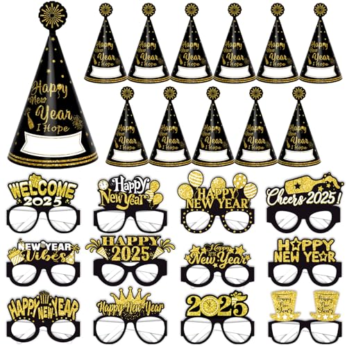 HOWAF Silvester Deko 2025 Party Set, 24 Stück Silvester Partyhüte Kopfschmuck Silvester Brille 2025 Happy New Year Partybrillen Neujahr Brillen Foto Requisiten für 2025 Deko Silvester Party 2025 von HOWAF