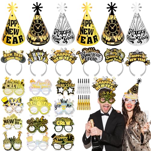 HOWAF Silvester Deko 2025 Schwarze Gold, Glitzer Silvester Partyhüte Silvester Hüte, Silvester Haarreif, Silvester Brille 2025, Tröten für Neujahr Silvester Accessoires, Happy New Year Deko 2025 HOWAF Silvester Deko 2025 Schwarze Gold, Glitzer Silvester Partyhüte Silvester Hüte, Silvester Haarreif, Silvester Brille 2025, Tröten für Neujahr Silvester Accessoires, Happy New Year Deko 2025 von HOWAF