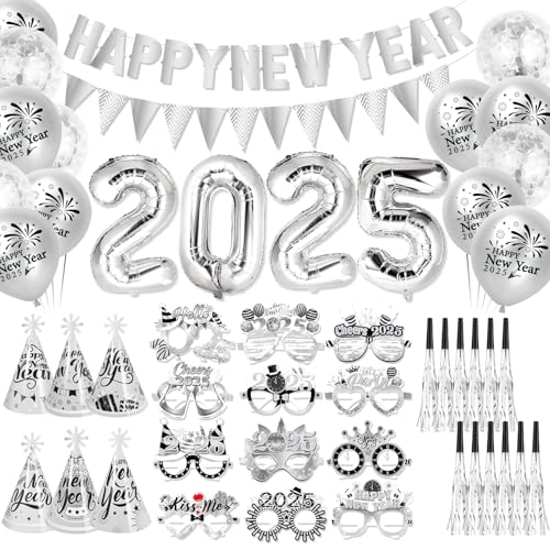 HOWAF Silvester Deko 2025 Silber, Silvester Luftballons 2025 Ballon Folienballon, Happy New Year Banner Silvester Banner, Partyhüte Silvester Brille, Tröten für Neujahr Deko, Happy New Year Deko 2025 HOWAF Silvester Deko 2025 Silber, Silvester Luftballons 2025 Ballon Folienballon, Happy New Year Banner Silvester Banner, Partyhüte Silvester Brille, Tröten für Neujahr Deko, Happy New Year Deko 2025 von HOWAF