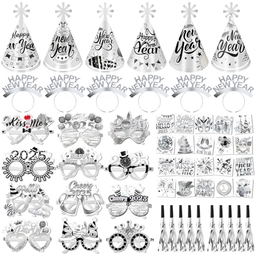 HOWAF Silvester Deko 2025 Silber, Silvester Partyhüte Silvester Hüte, Silvester Haarreif, Silvester Brille 2025, Temporäre Tattoos, Tröten für Neujahr Silvester Accessoires, Happy New Year Deko 2025 HOWAF Silvester Deko 2025 Silber, Silvester Partyhüte Silvester Hüte, Silvester Haarreif, Silvester Brille 2025, Temporäre Tattoos, Tröten für Neujahr Silvester Accessoires, Happy New Year Deko 2025 von HOWAF