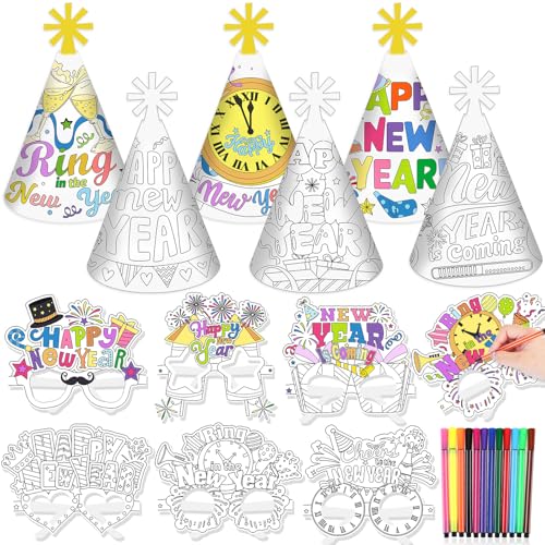 HOWAF Silvester Deko 2026 zum Ausmalen, 6 Silvester Partyhüte Hüte, 6 Brille Partybrille Ausmal Spiele für Kinder, Happy New Year Deko 2026 von HOWAF