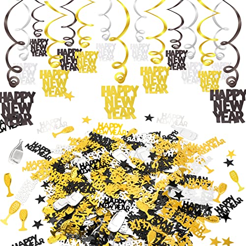 HOWAF Silvester deko 2024 Neujahrdeko Silvester Dekoration Set, 15 Teilig Frohes neues Jahr hängedeko Folie Wirbel Happy New Year Deckenhänger Spiralen Girlande und Konfetti, schwarz, Gold, Silber von HOWAF