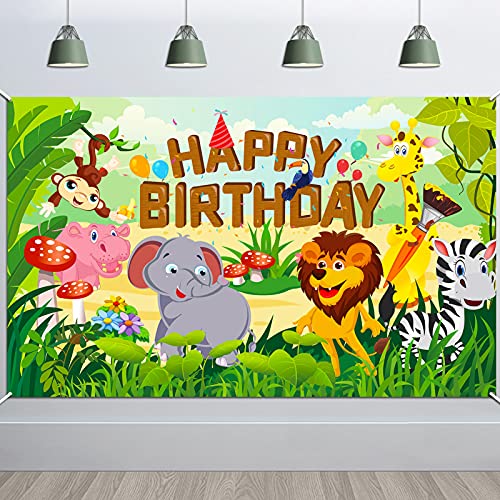 HOWAF Stoff Happy Birthday Banner für Dschungel Tier Geburtstag Dekorationen, Kinder Jungen Wald Safari Thema Geburtstagsparty Hintergrund Deko Wand Fotografie Kindergeburtstag, 6 x 3,6 Fuß von HOWAF