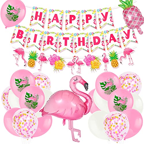 HOWAF Flamingo Geburtstags Dekorationen, 25 Stück Flamingo Deko Latex Luftballons Flamingo Ananas Folienballons Flamingo Ananas Geburtstags Banner für Hawaii Deko Party Deko Geburtstag Sommerdeko von HOWAF