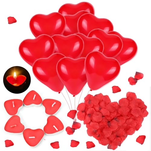 HOWAF Valentinstag Deko Set, 30 Herzluftballons Rot Herzballons + 50 Herz Kerzen + 1000 Rosenblätter für Romantische Deko Heiratsantrag Deko Verlobung Deko Geburtstag Hochzeitsdeko von HOWAF