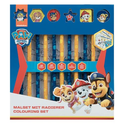 HOX Paw Patrol 29-teiliges Malset für Kinder – Enthält 10 Jumbo-Buntstifte, 5 lustige Radiergummi-Aufsätze, Spitzer, Gummi, 12 Poster (21 x 19 cm), Aufkleberbogen (19 x 10,5 cm) – FSC-zertifiziertes von HOX