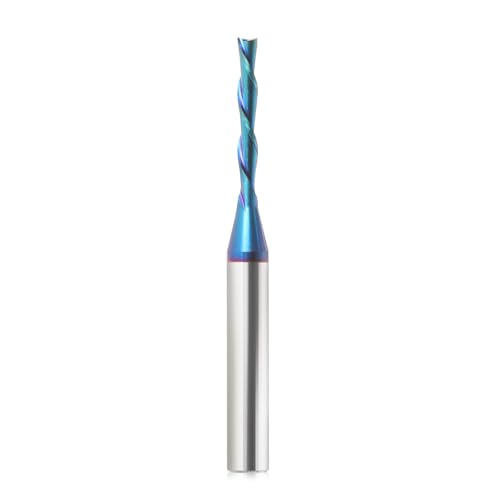Down Cut Spiralfräser für CNC, 1/4-Zoll-Schaft, 1/8-Zoll-Schnittdurchmesser, 2-1/2-Zoll-Vollhartmetall mit Nanoblau-Beschichtung, CNC-Fräser-Bits, Schaftfräser für Holzschnitt von HOZLY