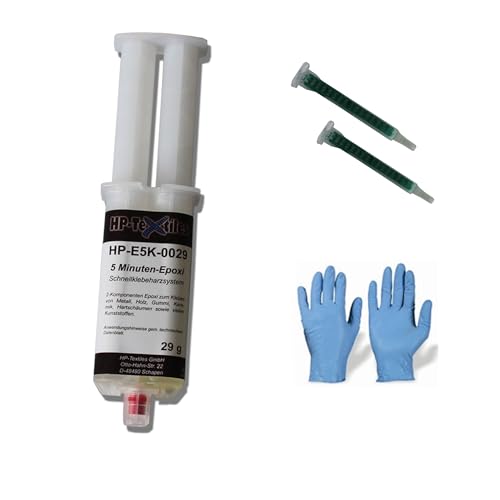Zwei-Komponenten-Kleber 29g | Kalthärtender 5 Minuten Epoxi-Klebstoff für Metall Holz Gummi Keramik | Lösemittelfrei 2-K Epoxidharz | Doppelspritze HP-E5K + Zusätzliches Ersatzrohr & Handschuhe Zwei-Komponenten-Kleber 29g | Kalthärtender 5 Minuten Epoxi-Klebstoff für Metall Holz Gummi Keramik | Lösemittelfrei 2-K Epoxidharz | Doppelspritze HP-E5K + Zusätzliches Ersatzrohr & Handschuhe von HP-Textiles