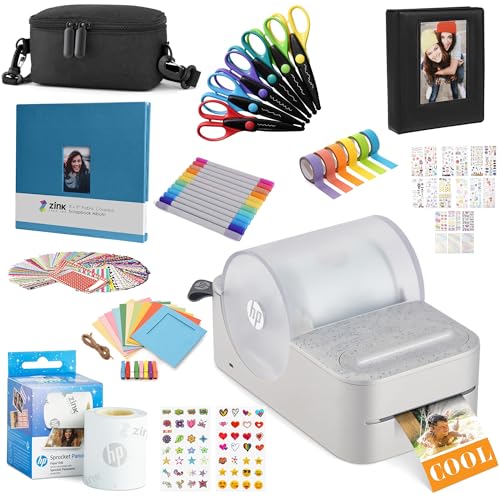 HP Sprocket Panorama Tragbarer Sofort-Farbetiketten- und Fotodrucker (Grau), Bastelpaket mit Koffer, Zink-Rolle, Fotoalbum, Markern, Schere, Klebeband, Aufklebern und Rahmen von HP