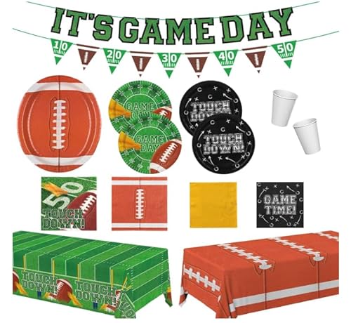 HPGJLEE Fußballspiel-Partyzubehör-Set, Papiergeschirr, Pappteller, Tischdecke mit Fußballmuster, grün und braun, (88 Stück) von HPGJLEE