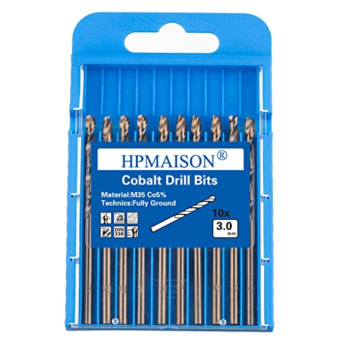 HPMAISON 10 Stück M35 HSS Cobalt Bohrer Kobalt Jobber Bohrer Set Spiralbohrer zum Bohren auf Edelstahl, Harte Stähle, Metall (3mm x 63mm) von HPMAISON